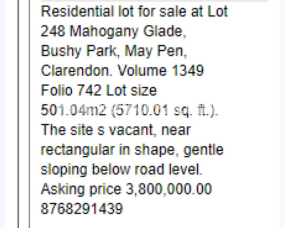 Residential lot For Sale in Bushy Park May Pen, Clarendon Jamaica